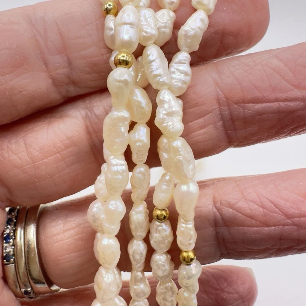 Vintage Multi-Strand Freshwater Rice/Seed Pearl Necklace Gold Tone Clasp 18" - Picture 7 of 14